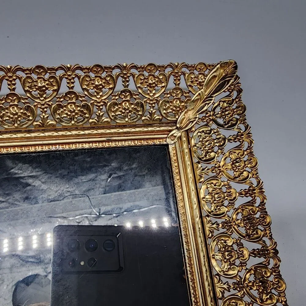 Gold Tone Filigree Mirrored Vanity Tray Wall Hanging Rectangle Hollywood Regency